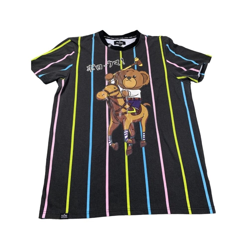 R.SINE Shirt Men Large Black Striped Bear Polo Graphic Tee Streetwear Casual Y2K